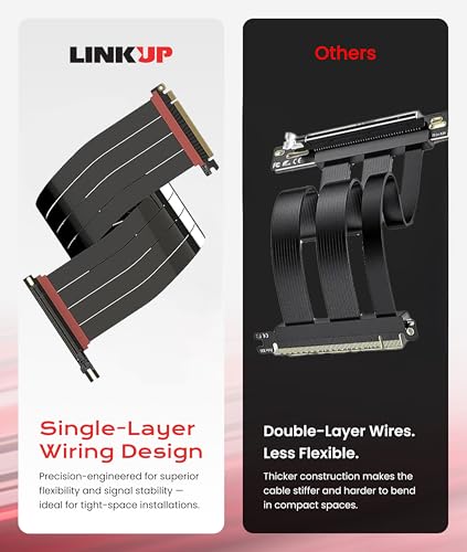 Image of LINKUP PCIE 5.0 Riser Cable | for Vertical GPU Mount | Right Angle | Graphics Card GPU Ready | Usable with PCIe 4.0 & RX 9070 / RTX5090 | 70cm (Total Length: 74cm)