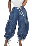 Voghtic Women's Baggy Y2K Elastic Waisted Jeans Bow-Knot Drawstring Pull-On Cargo Denim Pants Harem Pants Streetwear Blue