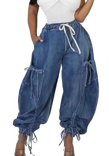 Voghtic Women's Baggy Y2K Elastic Waisted Jeans Bow-Knot Drawstring Pull-On Cargo Denim Pants Harem Pants Streetwear