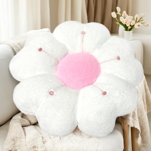 ODIWEN Almohadas de Flores, Cojín de Suelo de Flores,50cm,Cojines De Sofa De Felpa,Cojín Decorativo De Sofá,Bonita Almohada de Flores,Almohada Decorativa (Blanco)