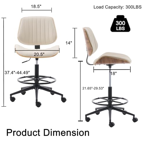 Image of Drafting Home Office Chair, Swivel Desk Chair with Bend Wood Backrest, Ergonomic Office Chairs with Adjustable Height and Footrest Ring for Bar Lab Counter Height Desk and Drawing (Ivory)