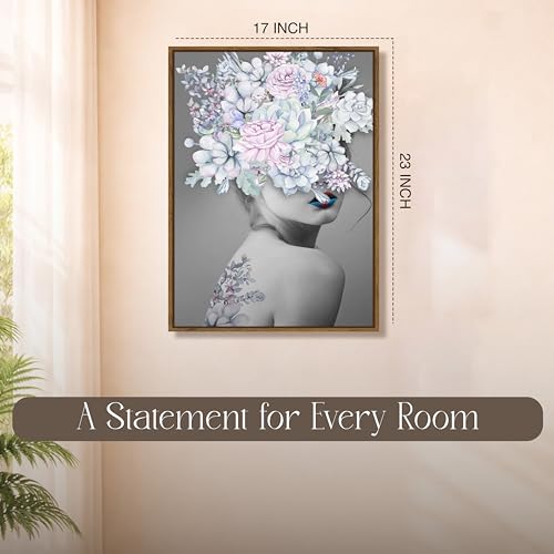 Image of Modern Floral Abstract Portrait Framed Canvas Painting For Living Room | Surreal Flower Woman Wall Art For Livingroom Wall Decor, Home Decor, Bedroom, Hallway's, Office, Hotel - 43x58 cm