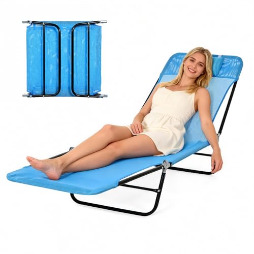 Godcrimmnyn Outdoor Chaise Lounge with Detachable Pillow Reclining Folding Chair with 5-Position Adjustable Back Portable Tanning Chair for Beach Pool Lawn Breathable Mesh Seat No Assembly