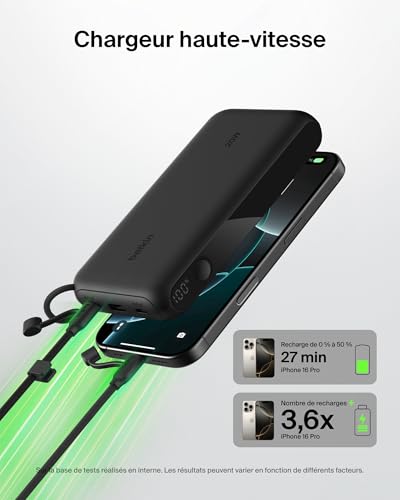 Belkin Batterie Externe USB-C 20 000 mAh, Power Bank avec 2 Ports Type C et 1 Port USB-A (écran numérique, 20 W, pour Tous Les modèles de l'iPhone 16, Samsung Galaxy S25, Pixel 9, iPad, etc., Noir)