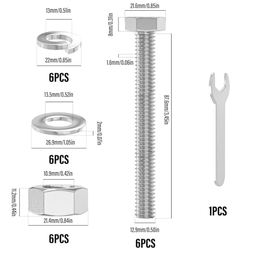 Image of 6PCS 1 /2-13 x 3-1 /2 inch 304 Stainless Steel Fully Threaded Bolt with Nut Flat & Lock Washers and Spanner