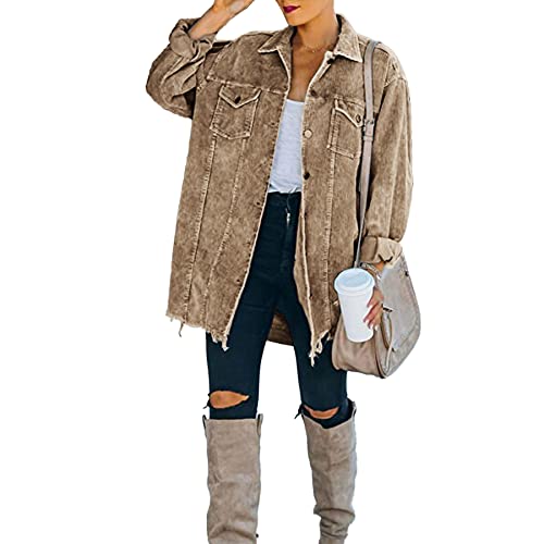 Ainangua Women's Oversized Corduroy Shirts Long Sleeve Button Down Retro Jacket Coat Shacket Medium Khaki