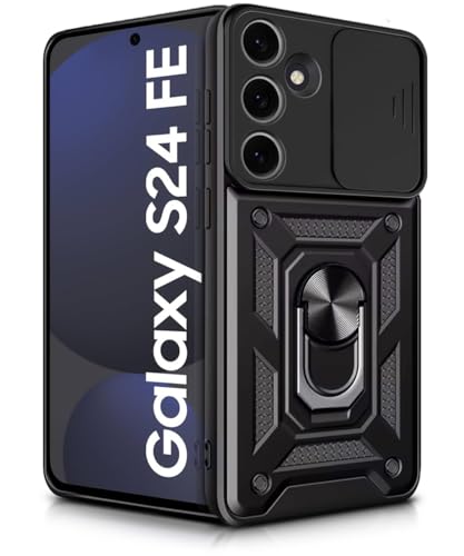 Image of WOW IMAGINE Tough Armor Bumper Mobile Back Case for Samsung Galaxy S24 FE 5G | Sliding Camera Shield Cover | Shock Proof 360 Protection | Hybrid PC + TPU | Ring Holder with Kickstand - Black