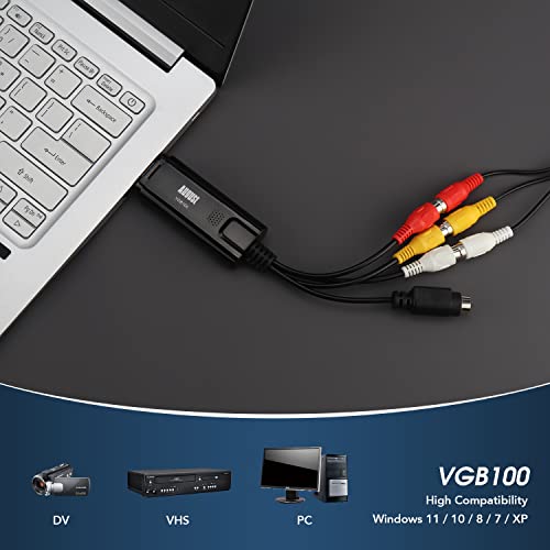 USB 2.0 Audio Video Grabber Konverter - August VGB100 - Scart, S-Video, Composite – VHS Hi8 Kassetten Camcorder digitalisieren auf DVD übertragen Videoadapter SECAM PAL-für Windows 11/10/8/7/Vista/XP