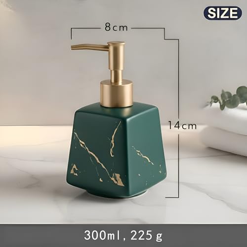 Image of Luxury Ceramic Soap Dispenser (Luxe Green) - 300 ml Matte Glazed with Gold Marbling Triangular Refillable Lotion & Handwash Pump Bottle for Bathroom, Kitchen Sink & Wash Basin Decor