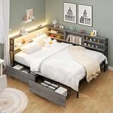 Bellemave Full Corner Bed Frame with Storage, Full Size Captains Bed with Charging Station and LED Light, Wood Daybeds with L-Shaped Bookcase and 2 Drawers, Gray