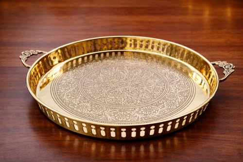 Image of Mkd2 Rise Handmade Embossed Pure Brass Puja Thali with Handle, 12 Inch Round Pooja Plate (Gold, 1 Piece) for Home Temple, Mandir, Office, Festival, Wedding, Diwali Gift