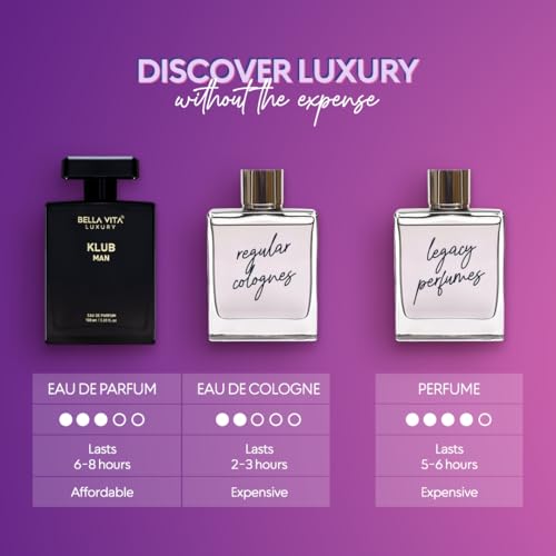 Image of BellaVita Luxury KLUB Men's Eau De Parfum (100ml) | Intense, Masculine Party Perfume for Men | Notes: Lemon, Jasmine, Rose, Musk, Amber and Patchouli | Gift fot Father's Day