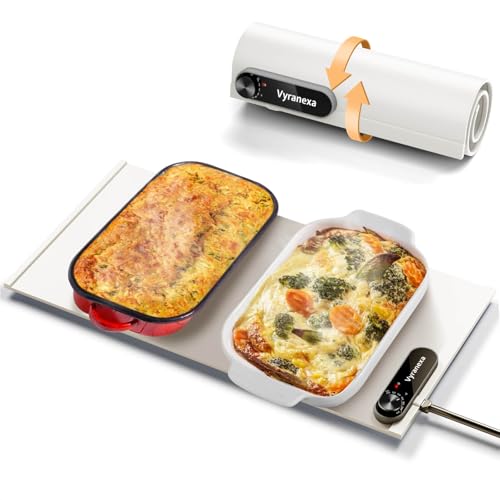 Warming Mat for Food - Space-Saving, Fits Two Baking Dishes, 7 Temp Settings, 4h Auto Shut-Off, Durable Silicone Surface, Easy to Clean, Perfect for Parties and Everyday Use (White, Medium)