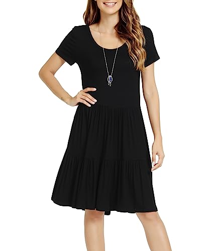 Image of Women Casual Loose Soft Crewneck Short Sleeve Pockets Swing T-Shirt Dress