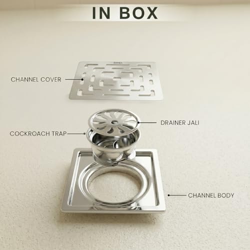 Image of EVANEX Square Bathroom Drainer | Shower Drainer Channel | 6x6 Inch Floor Drain | 304 Stainless Steel Bathroom Jali |Waste Water Floor Drain with Cockroach Trap | Silver| Bathroom Accessories Set