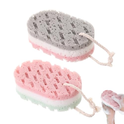 ARYIMYDP Lot de 2 Éponges de Bain Douces, 3 Couches Exfoliantes pour le Corps, avec Cordon de Suspension, Élastiques, Adaptées aux Adultes et Enfants,...