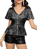 YHHOWEP Women Sparkle Sequin Tops Glitter V Neck Elegant Dressy Sequence Club Blouses Party Night Peplum Ruffle Evening Tops Black M