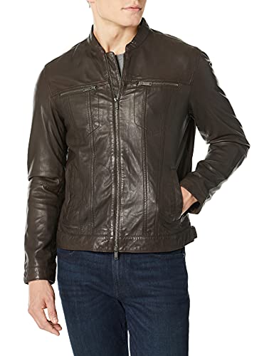 John Varvatos Star USA Men's Band Collar Leather Jacket, Chocolate, X-Small
