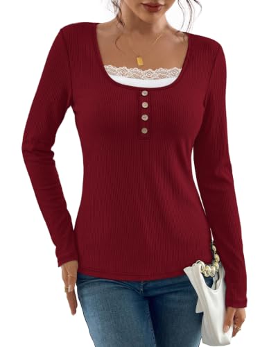 Women's Long Sleeve Tops Lace Trim Scoop Neck Fall Clothes, Burgundy, 2XL — view 2