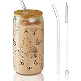 Winnie Thank You Presents, The Pooh Presents, Christmas Gifts, The Pooh Friendship Gifts, Winnie Glass Jar Tumbler with Bamboo Lid and Glass Straw 16 Oz Birthday Gift for Boys Girls Friend Cousins BFF