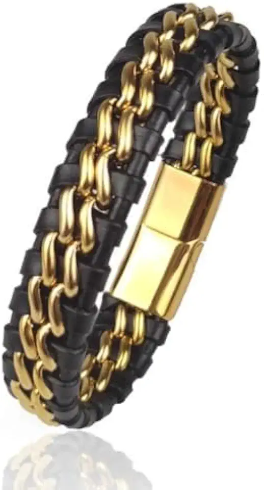 Pulseira Masculina "Innovation" – Couro Legítimo e Aço Inoxidável 316L, Fecho Magnético, Design Sofisticado, Acessório de Luxo Estiloso + Bolsa de veludo