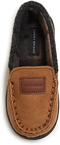 Lucky Brand Boy's Micro-Suede Moccasin Loafer Slippers with Plaid Lining