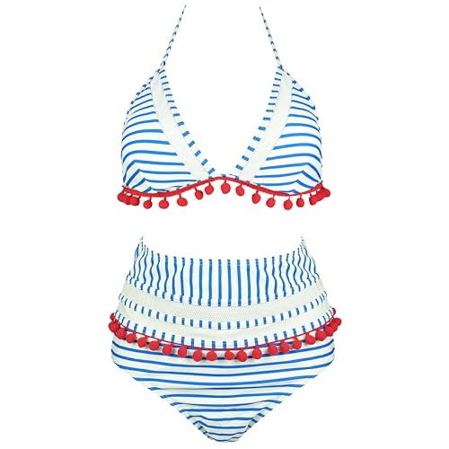 Viloree - Conjunto de bikini para mujer, diseño de cuello en V, triángulo, cintura alta, 2 piezas, Azul Striped, S Taille Tall
