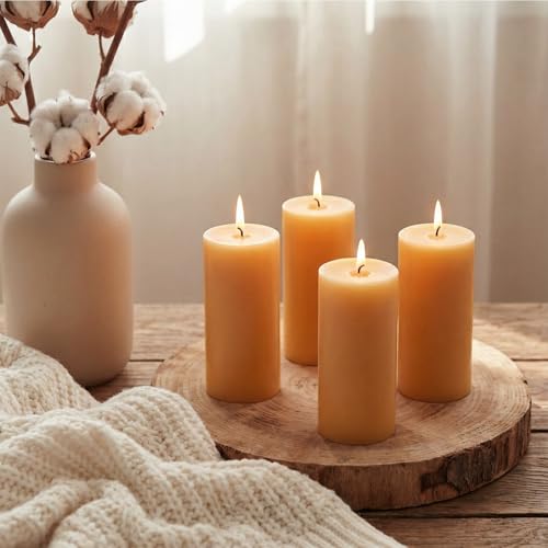 Natural Beeswax Candles 4 Packs, 100% Pure Beeswax Pillar Candles with 140 Hours Long Burning Time, Organic Bee Wax Candle for Home, Paryer, Parties Smokeless & Dripless, 2x4 inch — view 3