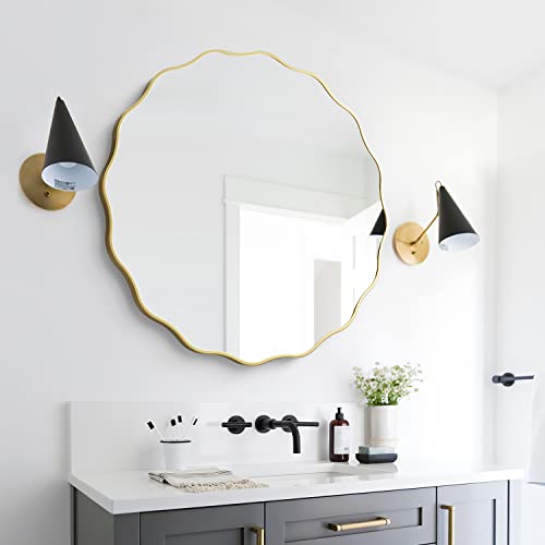 H HOMEWINS Gold Round Mirror for Wall 18 Inch Gold Circle Wavy Bathroom Farmhouse Vanity Wood Large Irregular Mirror for Nursery Entryway Living Room