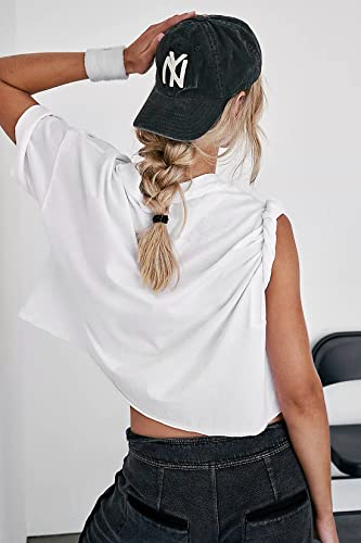 Image of HUGOOME Womens Oversized Workout Crop Top Casual Short Sleeve Boxy Roll Hem | Basic Half Split Sleeve Drop Shoulder Loose Yoga Running Gym Tee Cropped T-shirt Solid Trendy Relaxed Daily Tee