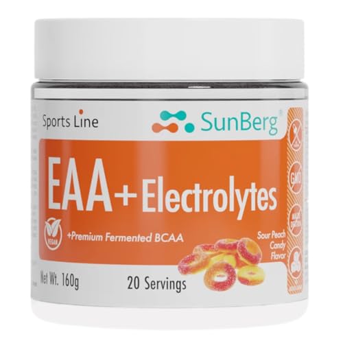 Sunberg EAA + Electrolytes Powder Supplement - 160g Essential Amino Acids BCAAs Post Workout Muscle Recovery Leucine Drink - Sour Peach Candy Flavour 20 Servings
