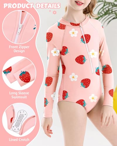 Image of Century Star UPF 50+ Girls Long Sleeve Swimsuit - Rash Guard Swimsuit Toddler Kids Teen One Piece Bathing Suit Zip 2-15Y