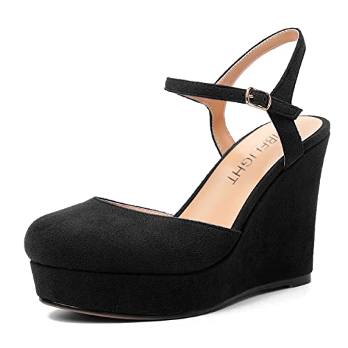 AMBELIGHT Womens Ankle Strap Sandals Night Club Round Toe Fashion Heels Suede Wedge High Heel Pumps Shoes 4 Inch