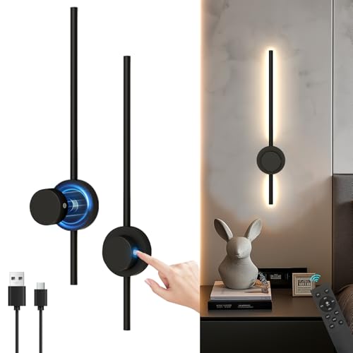 AHAWILL Battery Operated Wall Sconces Set of Two with Remote,Stepless 3CCT Dimmable, USB Rechargeable Wireless Wall Lamp,360°Rotate Wall Lights for Bedroom,27.8inch (Two Pairs of Batteries)