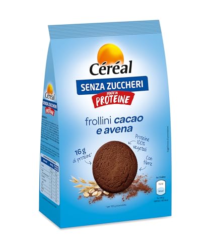 Céréal Senza Zuccheri, Frollini cacao e avena, Biscotti senza zucchero al gusto cioccolato, Fonte di proteine, Proteine 100% vegetali, Impatto ridotto sulla glicemia, Con fibre, 200g