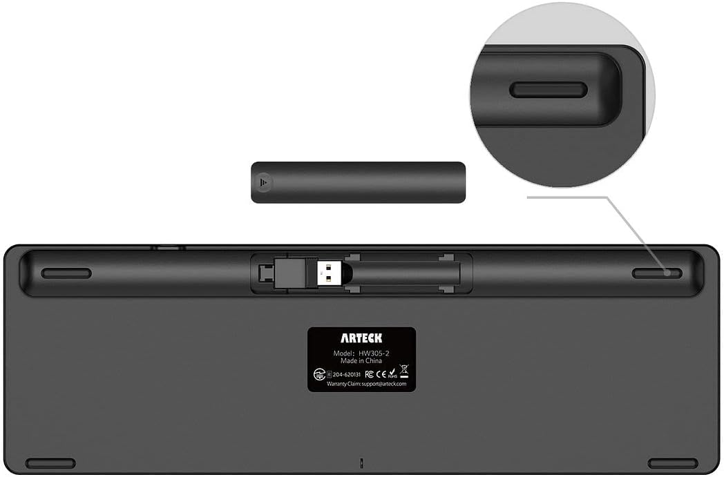 Back of Arteck keyboard showing USB receiver storage