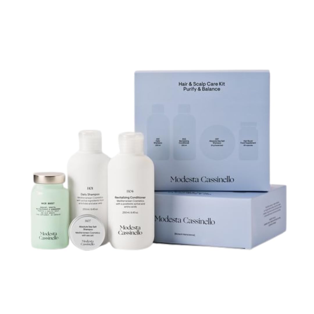Modesta Cassinello - Pack Capilar Purifica y Equilibra – Champú Purificante + Acondicionador Ligero + Champú Sal Marina + Hair Boost – Control Grasa, Cuero Cabelludo Equilibrado y Cabello Ligero