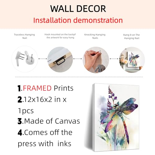 Image of Frimeeme Watercolor Framed Dragonfly Canvas Wall Art,12x16 Inch