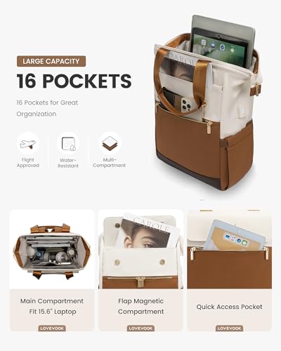 Image of LOVEVOOK Laptop Backpack for Women with Giant Tumbler Holder, 15.6 Inch Work Laptop Bag with USB Port, Fashion Teacher Nurse Backpack Purse, Waterproof Travel Computer Backpack, 2PCS,Off-white-Yellow