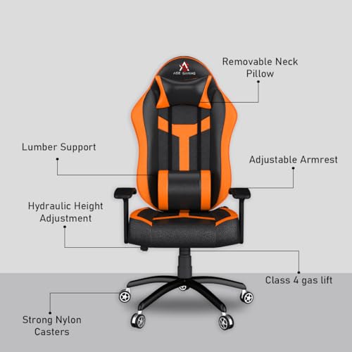 Image of ASE GAMING Ranger Series Ergonomic Gaming Chair Premium PU Leather, Adjustable Neck & Lumbar Pillow, 180 Degree Recline with Black Metal Base (Orange)