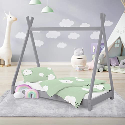 ML-Design Lit d'enfants Tipi 70x140 cm avec Sommier à Lattes, Bois Massif Gris Clair, Tente Indien de Jeu, Cadre pour Fille et Garçon, Stable, Robuste,...