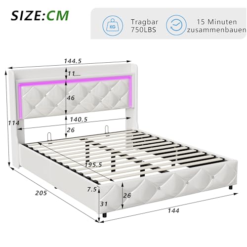 Miniatura 2 de Brilverde Cama Doble 140x200 Con Almacenamiento Hidráulico, Con Led Y Usb, Estructura De Cama Con Cajones, Somier De Madera Y Cabecero Acolchado, Para Adultos Y Adolescentes, Pu Blanco-Pu, 140 X 200