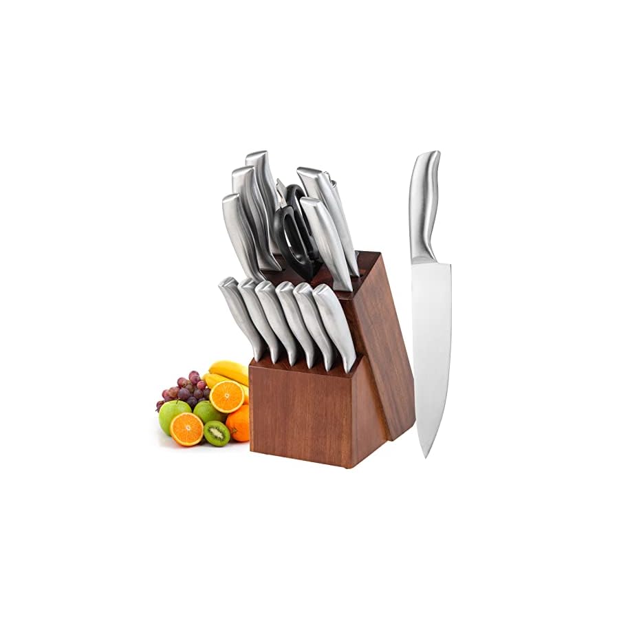 COSTWAY 14-Pieces Kitchen Knife Set, with Block, Sharpener & Kitchen Shears, Ultra Sharp Knife Set with Chef Knife, Bread Knife, Santuku Knife, Utility Knife, 6 Steak Knives (Silver, Brown)