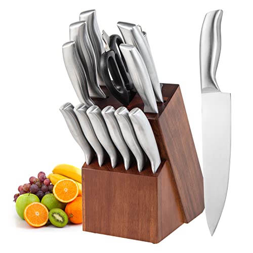 COSTWAY 14-Pieces Kitchen Knife Set, with Block, Sharpener & Kitchen Shears, Ultra Sharp Knife Set with Chef Knife, Bread Knife, Santuku Knife, Utility Knife, 6 Steak Knives (Silver, Brown)