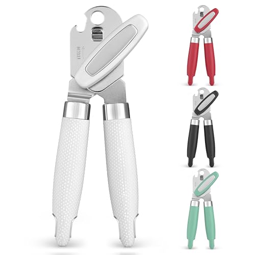 Zulay Kitchen Heavy Duty Stainless Steel Can Opener Manual with Large Bottle Opener - Manual Can Opener with Turn Knob with Soft Grip Handles - White