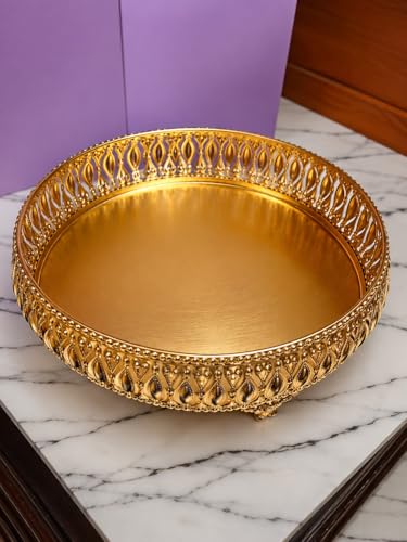 Image of Gold Finish Decorative Tray with Legs for Home Decor, Metal Serving Tray, Vintage Embossed Round Puja Thali, Centerpiece Bowl for Coffee Table, 8 Inch Decorative Tray for Gifting (Only Tray Included)