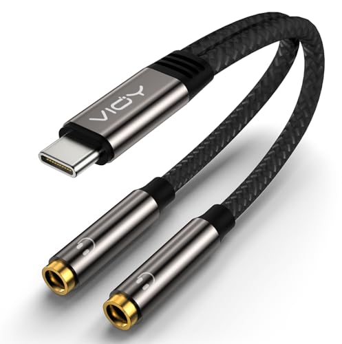 VIOY USB C to Dual 3.5mm Female Headphone Splitter, Type C to Headphone Audio Jack Adapter 2 Way Compatible with iPhone 16/15 Plus Pro Max, iPad Air Pro, Galaxy S24/23 Ultra, Pixel 7/6 and More
