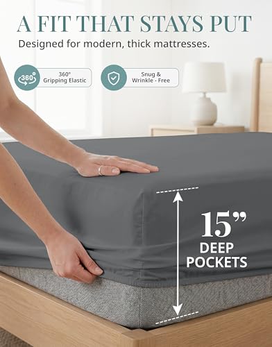 Image of LANE LINEN King Size Bed Sheets Set - 450 Thread Count Sateen Weave for Smooth & Silky Feel On Skin - Breathable 100% Cotton Sheets for Single Beds - Fits Mattresses Upto 15'' Deep - Charcoal