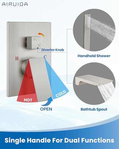 Grifo para bañera Airuida con caño de cascada y ducha manual - Níquel cepillado, monomando, válvula de instalación incluida, montaje en pared miniatura 5