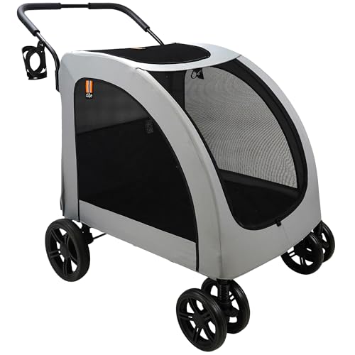 MY DUQUE - Carrello per cani Chester - Passeggino per cani di grossa taglia, passeggino per gatti, spazioso, trolley comodo, comprensivo di parapioggia, portabevande, carico max 50 kg, colore grigio